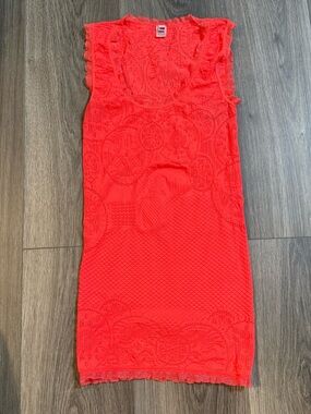 Y2K 2000s Neon Orange Stretchy Lace Trim Tank Top M/L Rave Clubwear Jersey Shore